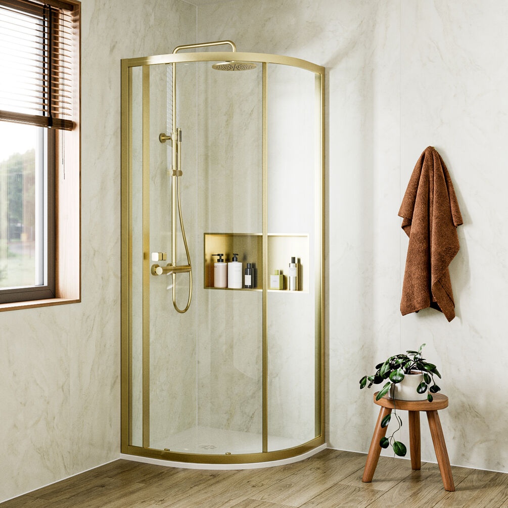Lifestyle image of Crosswater Clear 6 Brushed Brass 800mm Shower Quadrant